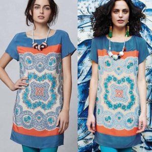 Anthro Meadow Rue 100% Silk Printed Shift Dress, sz Med, EUC, Lined, Multicolor